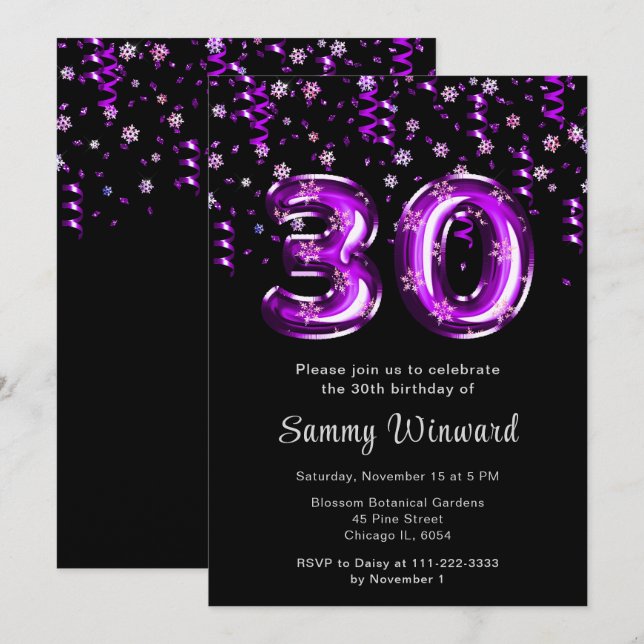 Invitation 30e anniversaire Ballons violets Snowflake Confett (Devant / Derrière)