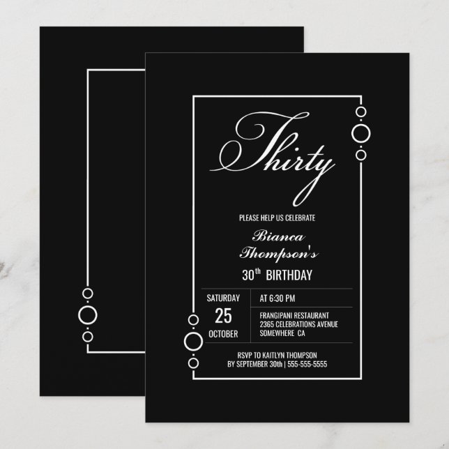 Invitation 30e anniversaire Black avec White Frame Party (Devant / Derrière)