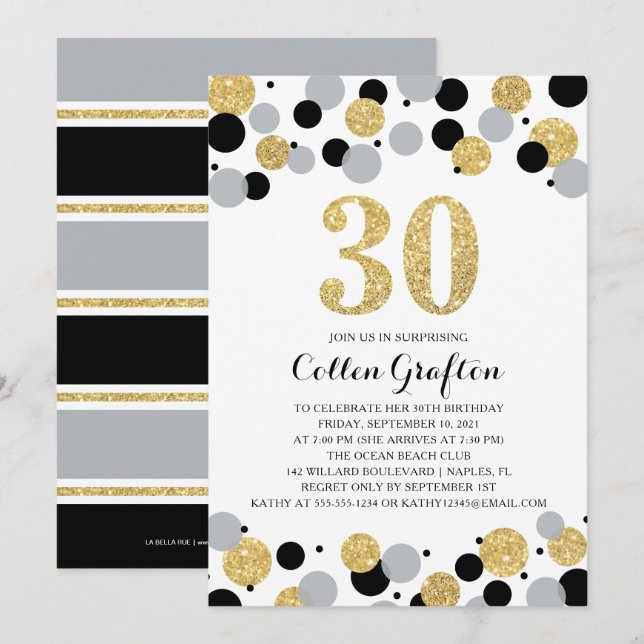 Invitation 30e anniversaire Black Gold Gris Parties scintilla (Devant / Derrière)