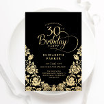 Invitation 30e anniversaire Black Gold Roses<br><div class="desc">Soirée de 30e anniversaire en or noir. Design classique avec rose,  faux feuille d'or et police de script de typographie. Carte invitation tendance parfaite pour une célébration anniversaire élégante. Personnalisez avec vos propres détails. Peut être customisé à n'importe quel âge. Invitations Zazzle imprimées ou téléchargement instantané modèle imprimable numérique.</div>