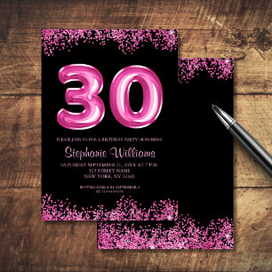 Invitation 30e anniversaire Black Pink Balloons Parties scint