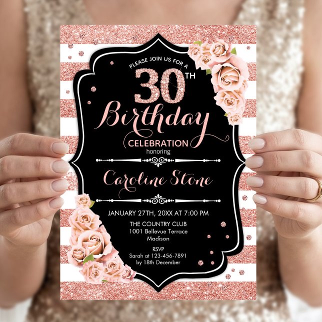 Invitation 30e anniversaire Black Rose Gold et White Stripes (Créateur téléchargé)