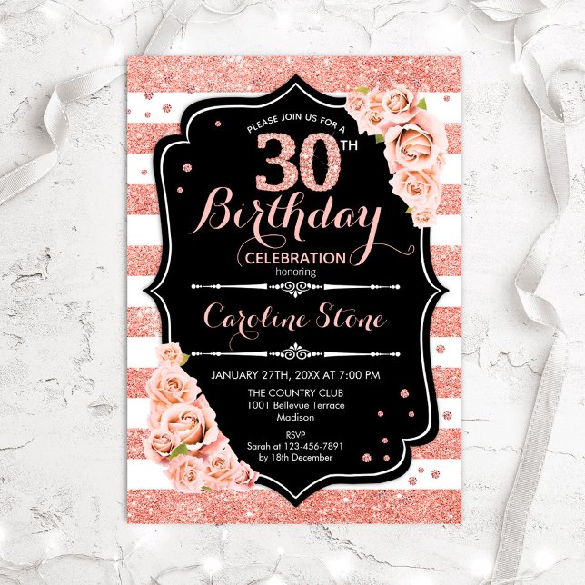 Invitation 30e anniversaire Black Rose Gold et White Stripes (Créateur téléchargé)