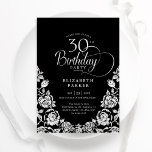 Invitation 30e anniversaire Black Silver Roses<br><div class="desc">Elégante invitation à la fête du 30e anniversaire en argent noir. Design classique avec rose, faux feuille argent et police de script de typographie. Carte invitation tendance parfaite pour une célébration anniversaire élégante. Personnalisez avec vos propres détails. Peut être customisé à n'importe quel âge. Invitations Zazzle imprimées ou téléchargement instantané...</div>