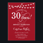 Invitation 30e anniversaire - Blanc rouge<br><div class="desc">30th Birthday Invitation Simple design rouge et blanc avec des lumières à cordes de fées et une police de script. Bravo à 30 ans ! Peut être personnalisé à tout âge! Message-moi si vous avez besoin d'une personnalisation plus poussée.</div>