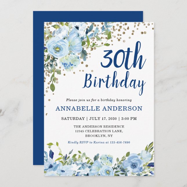 Invitation 30e anniversaire Blue Floral Aquarelle or Confetti (Devant / Derrière)