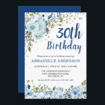 Invitation 30e anniversaire Blue Floral Aquarelle or Confetti<br><div class="desc">30e anniversaire Blue Floral Aquarelle or Confetti Invitation Le design présente de belles aquarelles bleu clair et vert floraux.</div>