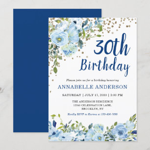 Invitation 30e anniversaire Blue Floral Aquarelle or Confetti