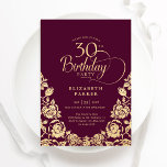 Invitation 30e anniversaire Bourgogne Roses d'or<br><div class="desc">Soirée de 30ème anniversaire en or bordeaux. Design classique avec rose,  faux feuille d'or et police de script de typographie. Carte invitation tendance parfaite pour une célébration anniversaire élégante. Personnalisez avec vos propres détails. Peut être customisé à n'importe quel âge. Invitations Zazzle imprimées ou téléchargement instantané modèle imprimable numérique.</div>