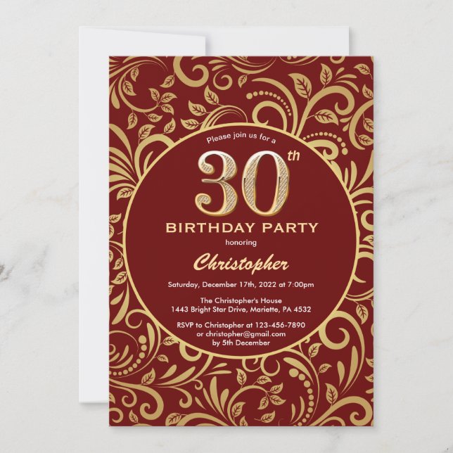 Invitation 30e anniversaire Bourgogne rouge et or modèle flor (Devant)