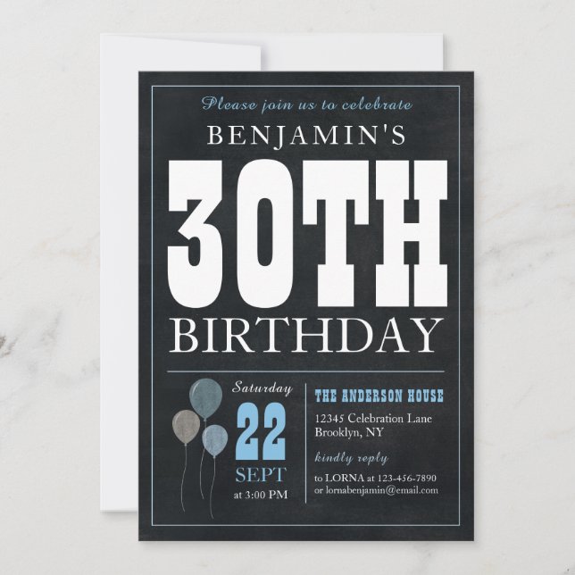 Invitation 30e anniversaire Chalkboard Blue Balloon Rustic Ch (Devant)