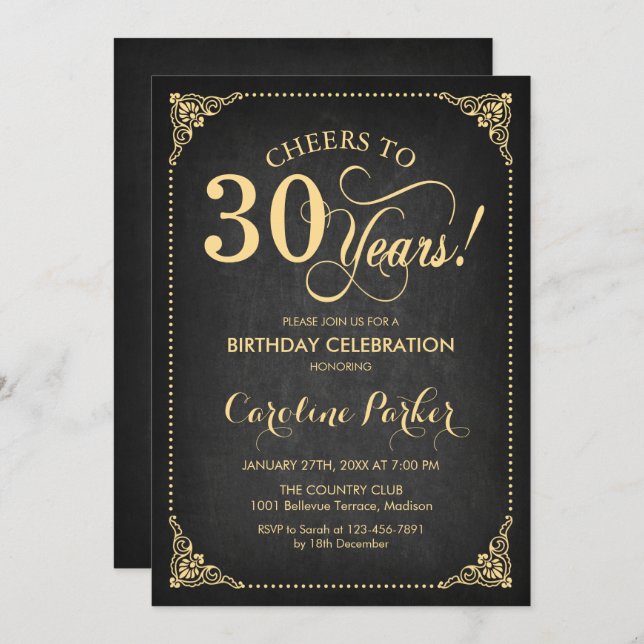 Invitation 30e anniversaire - Chalkboard Gold (Devant / Derrière)