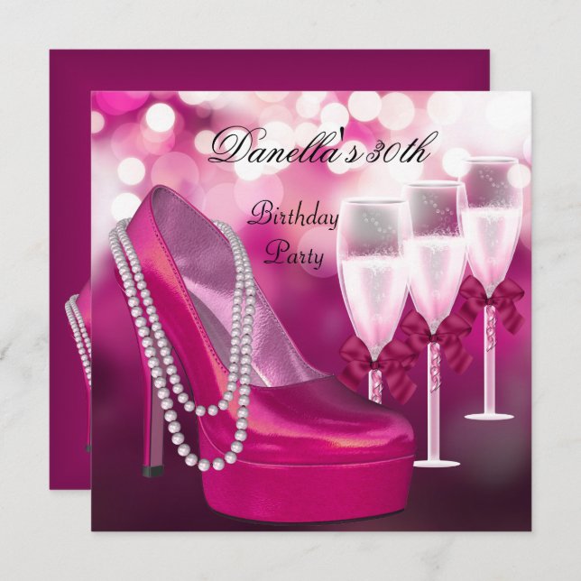 Invitation 30e Anniversaire Chaussures roses Hi Heels Champag (Devant / Derrière)
