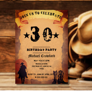 Invitation 30e anniversaire cowboy vieux papier cheval à chev