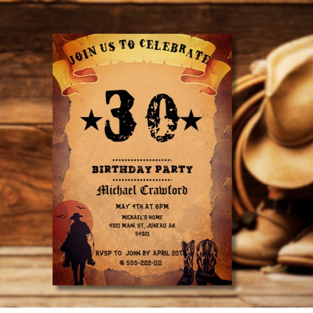 Invitation 30e anniversaire cowboy vieux papier cheval à chev (Créateur téléchargé)