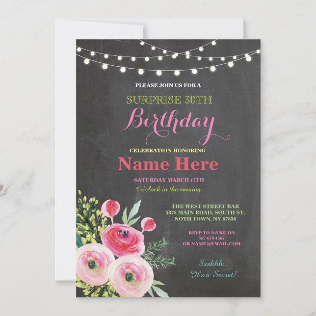 Invitation 30e anniversaire de fête Chalkboard Floral rose In (Devant)