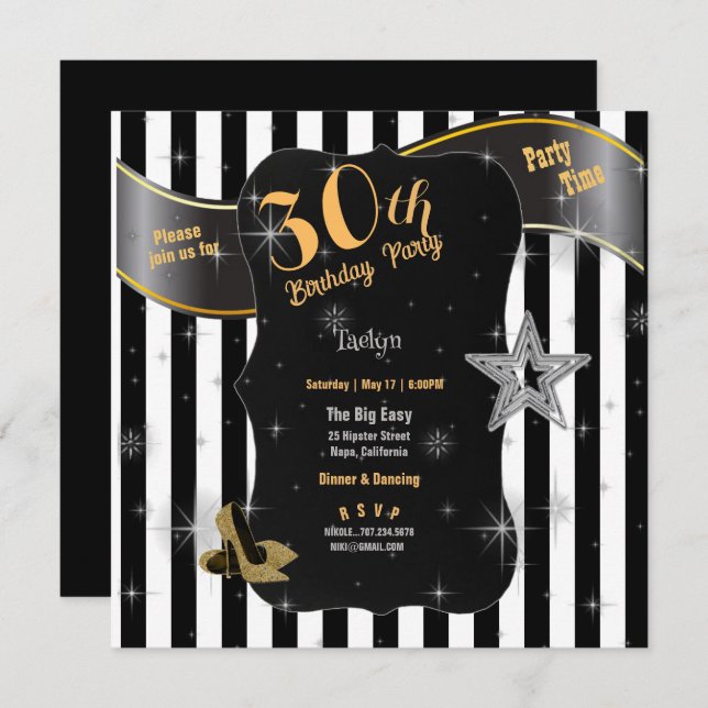 Invitation 30e anniversaire de la fête Black Stripes Gold Sti (Devant / Derrière)
