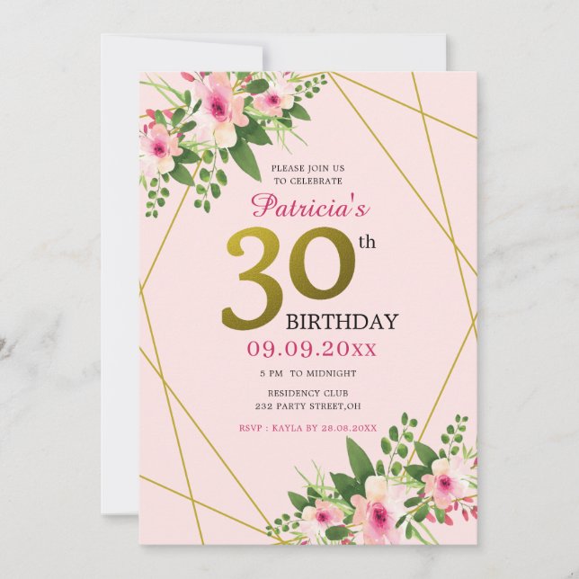 Invitation 30e anniversaire de la florale moderne rose et or (Devant)
