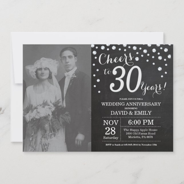 Invitation 30e Anniversaire de Mariage Ardoise Noir Argent (Devant)