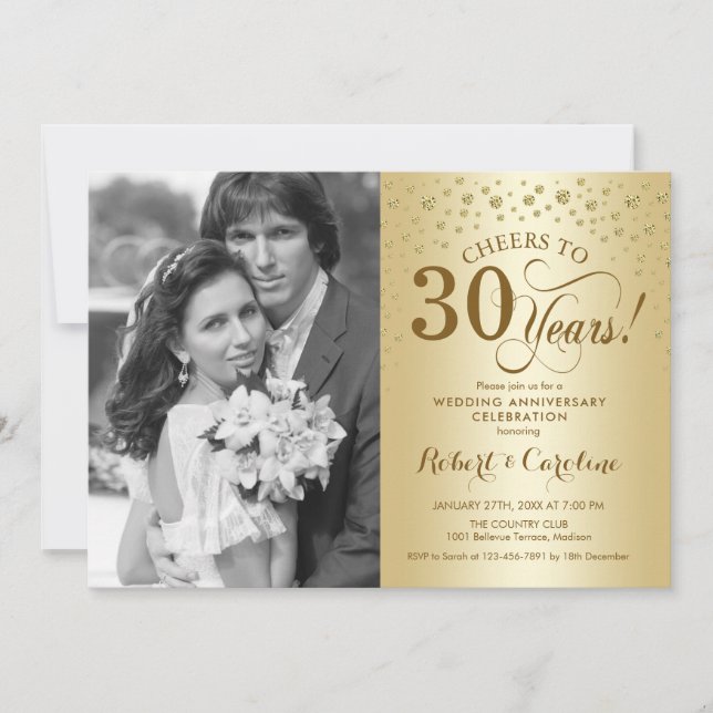 Invitation 30e anniversaire de mariage avec photo - Or (Devant)