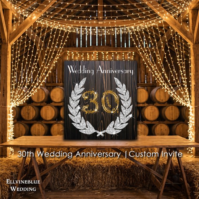 Invitation 30e anniversaire de mariage | Bois rustique et or (30th Wedding Anniversary Invite | Rustic Wood & Diamond Laurel. Size: 5.25” x 5.25”)