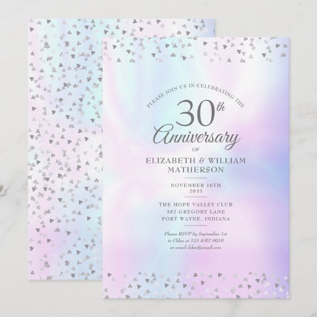 Invitation 30e Anniversaire de Mariage Cœurs de Confettis Per (Devant / Derrière)