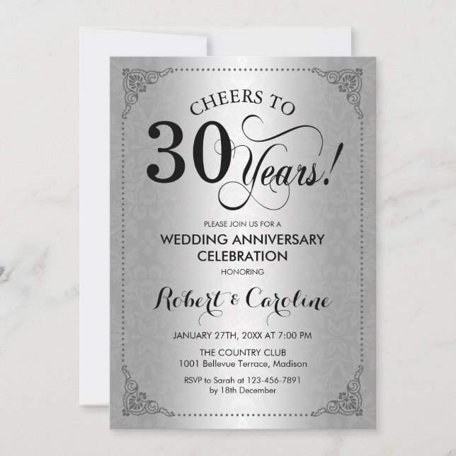 Invitation 30e anniversaire de mariage - Damask noir argenté (Devant)