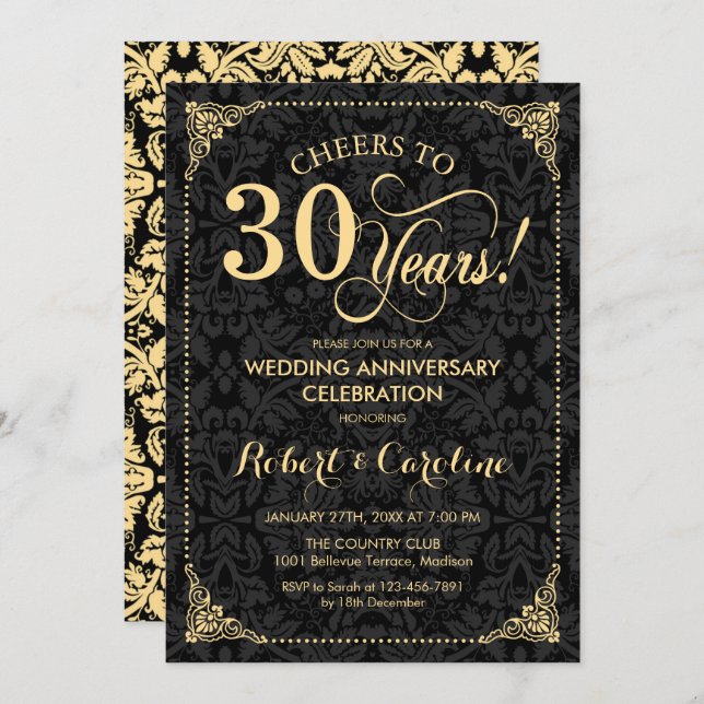 Invitation 30e anniversaire de mariage - Damask noir or (Devant / Derrière)