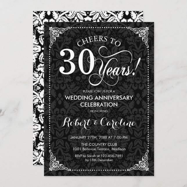 Invitation 30e anniversaire de mariage - Damassé noir et blan (Devant / Derrière)