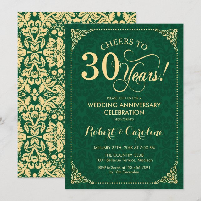 Invitation 30e anniversaire de mariage Émeraude Vert Or Damas (Devant / Derrière)