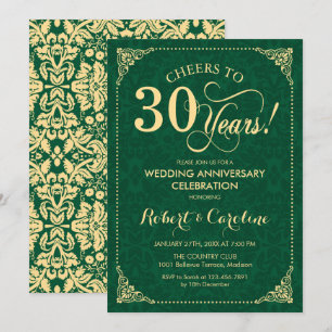 Invitation 30e anniversaire de mariage Émeraude Vert Or Damas