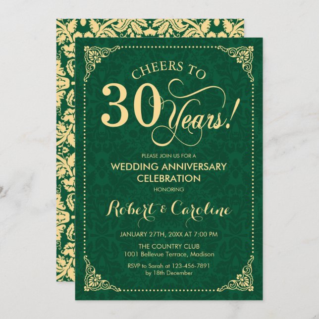 Invitation 30e anniversaire de mariage Émeraude verte or dama (Devant / Derrière)