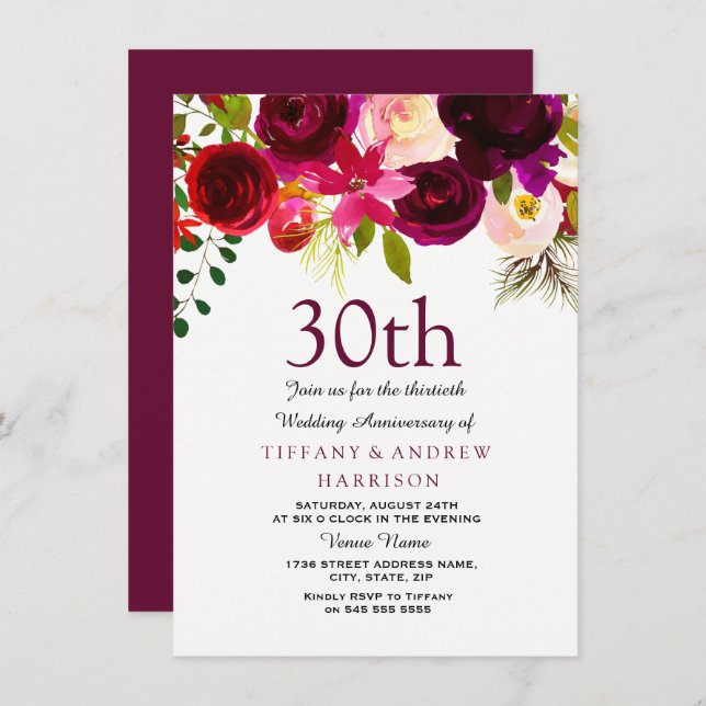 Invitation 30e anniversaire de mariage Fleurs bord (Devant / Derrière)
