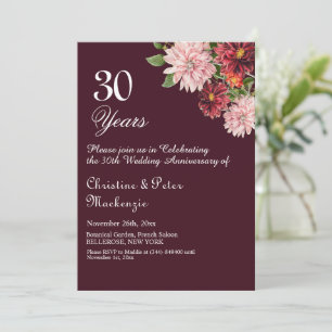 Invitation 30e Anniversaire de Mariage perle Bourgogne Floral