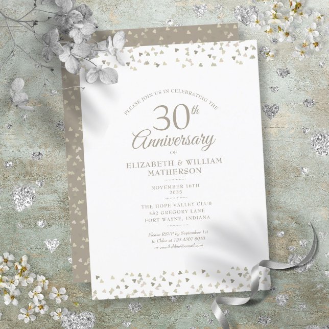 Invitation 30e Anniversaire de Mariage Perles Cœurs Confettis (30th Wedding Anniversary Pearl Hearts Confetti Invitation)