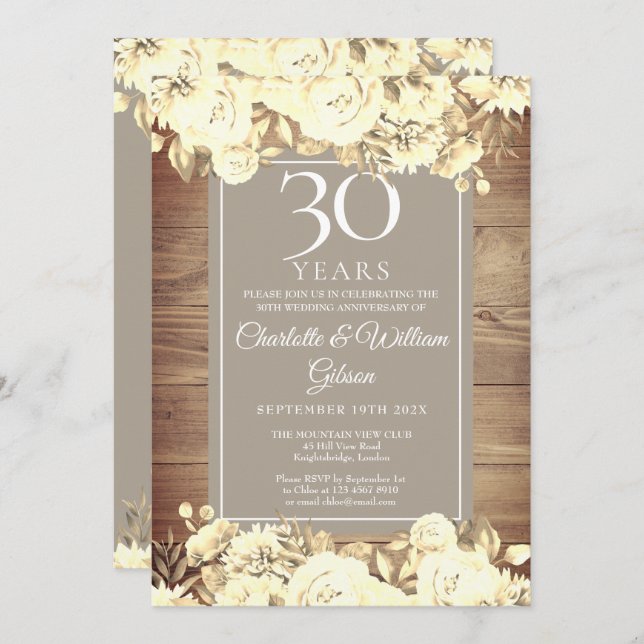 Invitation 30e anniversaire de mariage Roses rustiques (Devant / Derrière)