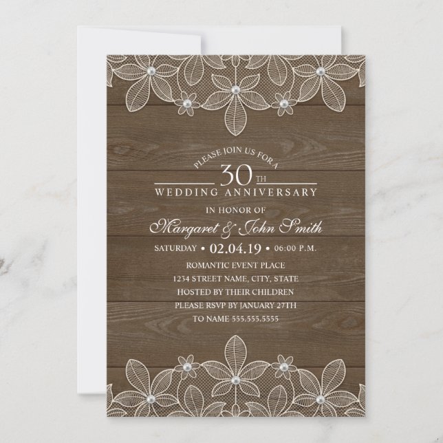 Invitation 30e anniversaire de mariage rustique bois dentelle (Devant)