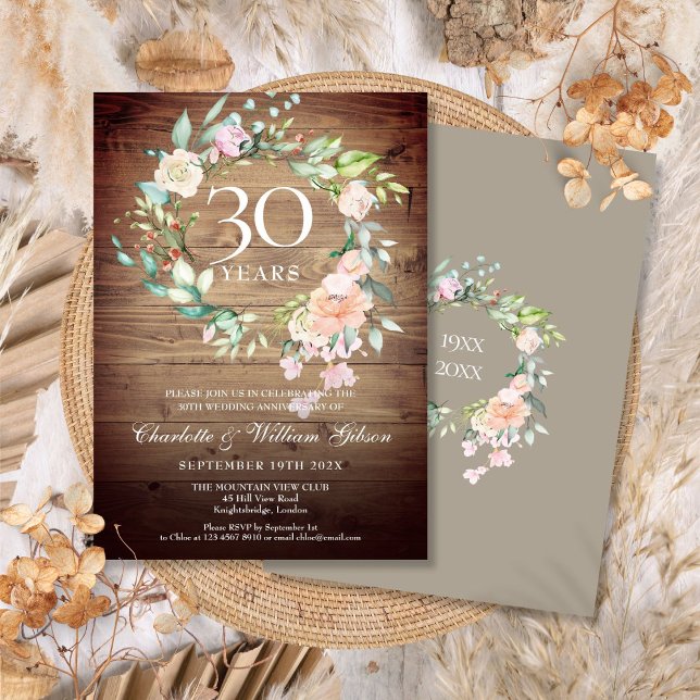 Invitation 30e Anniversaire de Mariage Rustique Roses Verdure (30th Wedding Anniversary Rustic Roses Greenery Invitation)