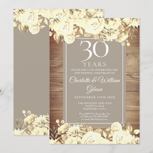 Invitation 30e anniversaire de mariage Rustiques Roses (Devant / Derrière)