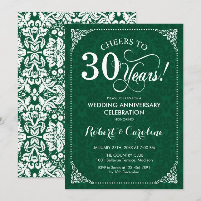 Invitation 30e anniversaire de mariage Vert émeraude Damask (Devant / Derrière)