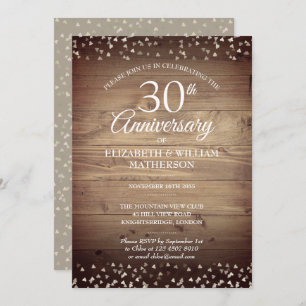 Invitation 30e anniversaire de Pearl Confetti en bois rustiqu