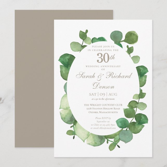 Invitation 30e anniversaire de perle Eucalyptus Boho Verdure (Devant / Derrière)