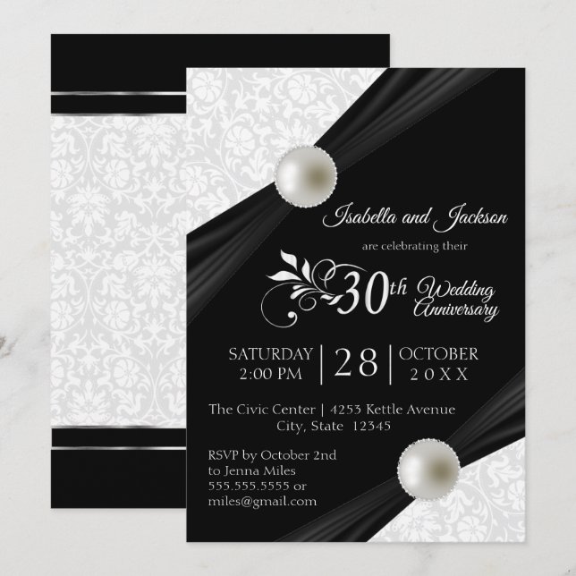 Invitation 30e anniversaire de perles design - noir et blanc (Devant / Derrière)