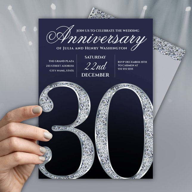 Invitation 30e Anniversaire Diamant Argent Bleu Marine (Créateur téléchargé)