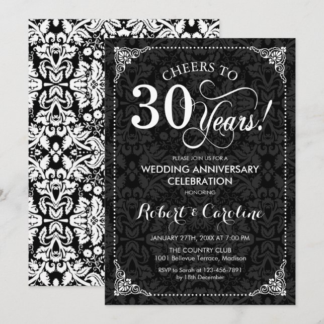 Invitation 30e anniversaire du Mariage - Damas noir blanc (Devant / Derrière)