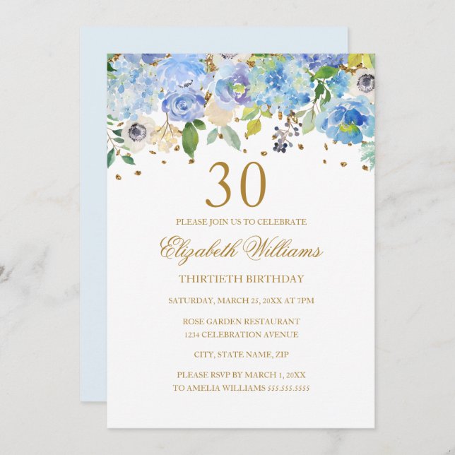 Invitation 30e anniversaire Elégant Blue Gold Floral Invitati (Devant / Derrière)