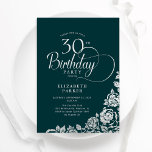 Invitation 30e anniversaire Elégant Emerald Green Roses d'arg<br><div class="desc">Simple et élégante invitation de fête de 30e anniversaire en vert émeraude et argent. Design classique avec rose, faux feuille argent et police de script de typographie. Carte invitation tendance parfaite pour une célébration anniversaire élégante. Personnalisez avec vos propres détails. Peut être customisé à n'importe quel âge. Invitations Zazzle imprimées...</div>
