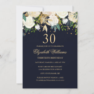Invitation 30e anniversaire Elegant Navy Gold Floral Invitati