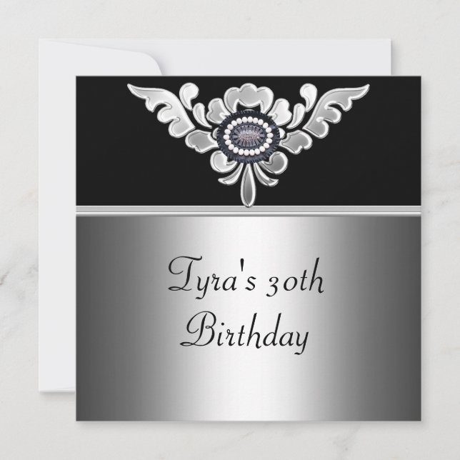 Invitation 30e Anniversaire Élégant Noir Argent Blanc Bijou (Devant)