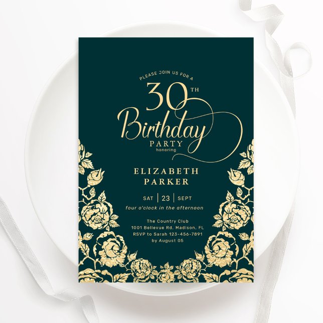 Invitation 30e anniversaire Emerald Green Roses or (Créateur téléchargé)